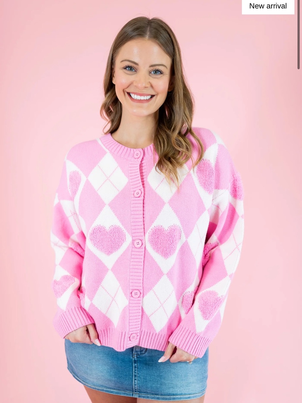 Le lis Pink Heart Argyle Button-Up Sweater Cardigan - Picture 2 of 4